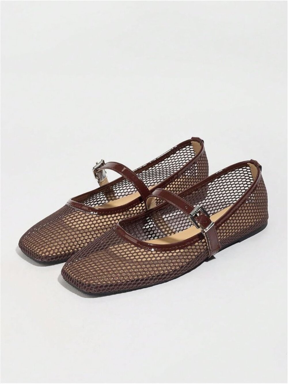 Women's Dark Brown Mesh Comfortable Square Closed Toe Mary Jane Ballet Flats - Picture 3 of 5